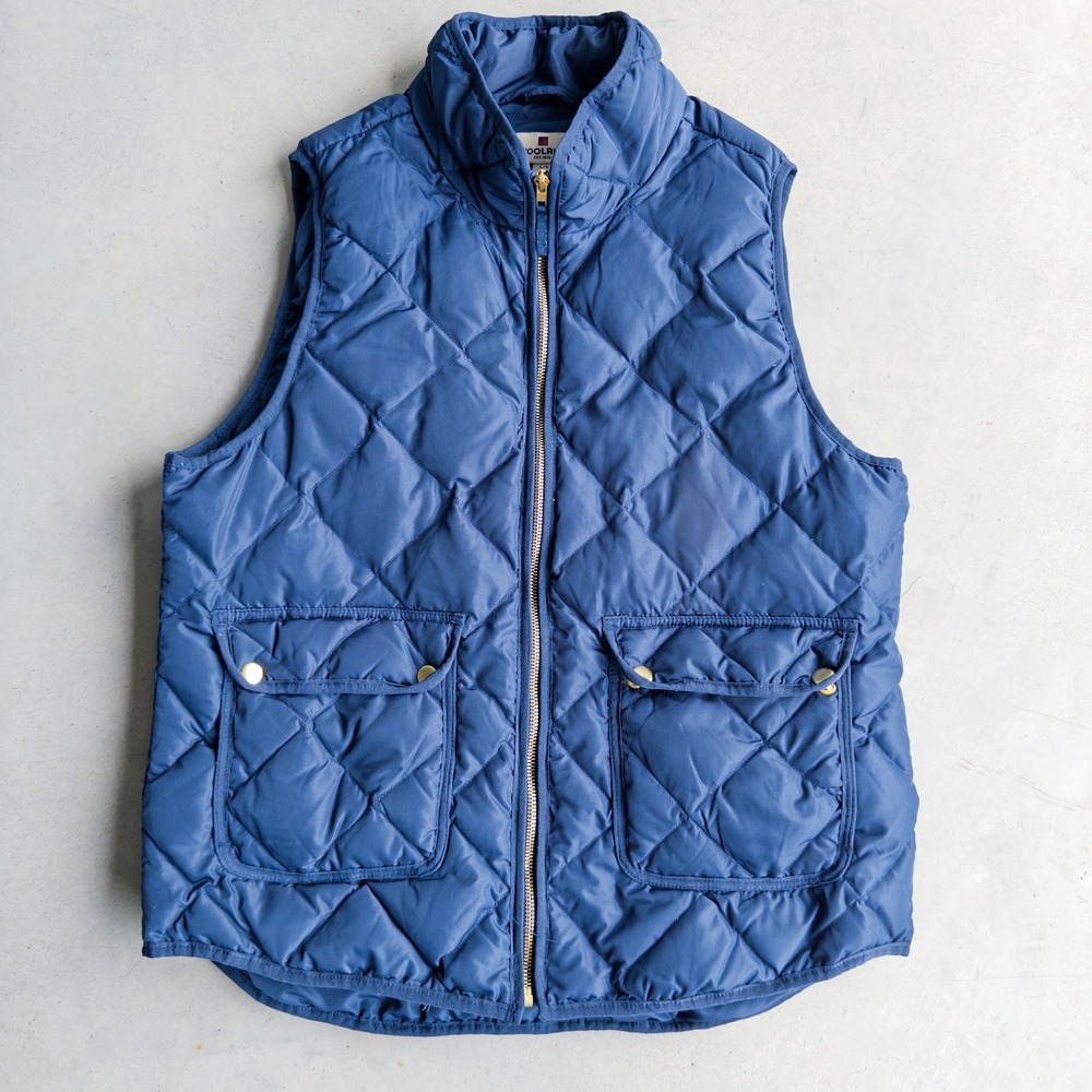 Woolrich Womens L Blue Quilted Duck Down Puffer Vest Full Zip Gold Hardware